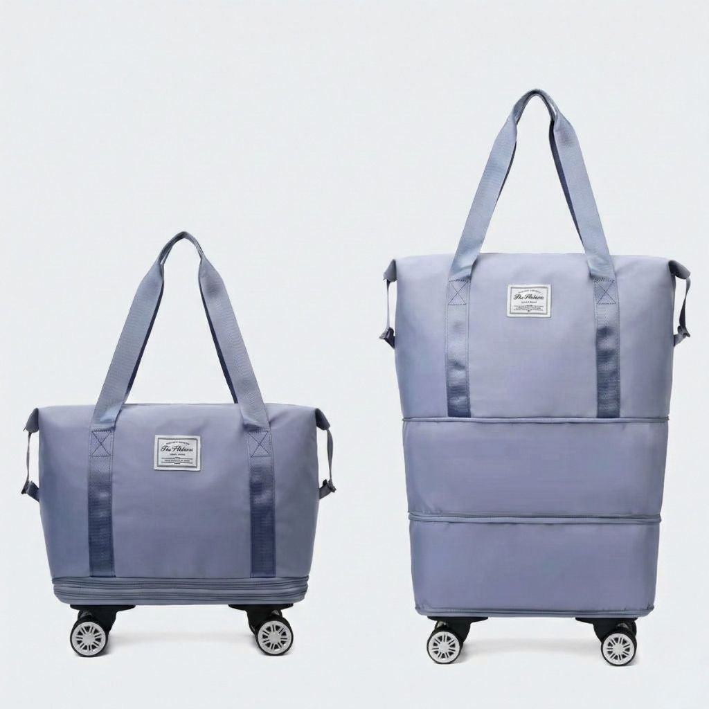 Sac de voyage femme gris bleu extensible en deux versions côte à côte sur roulettes amovibles, compact et déplié