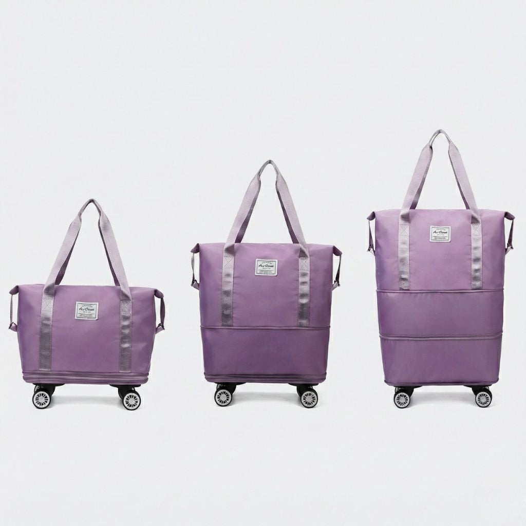 Sac de voyage femme extensible violet en 3 tailles différentes avec roues amovibles, vue comparative des capacités Image