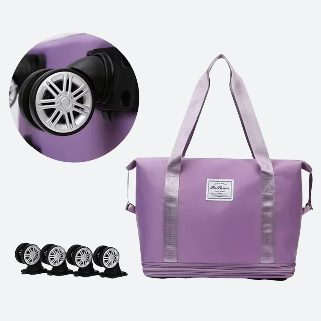 Sac de voyage femme violet avec détail des roues amovibles en médaillon et les 4 roues interchangeables Image