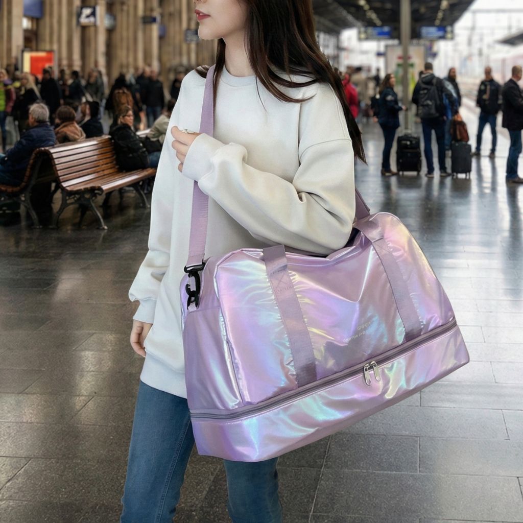 Femme dans une gare portant sur l'épaule un grand sac de voyage holographique rose et violet irisé Image