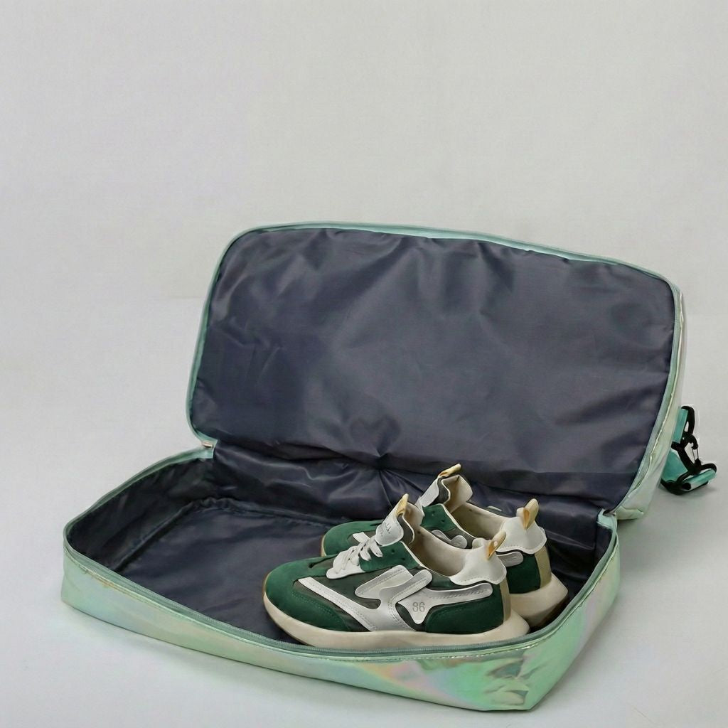 Sac à chaussures vert menthe holographique ouvert posé au sol avec une paire de baskets vertes et blanches Image
