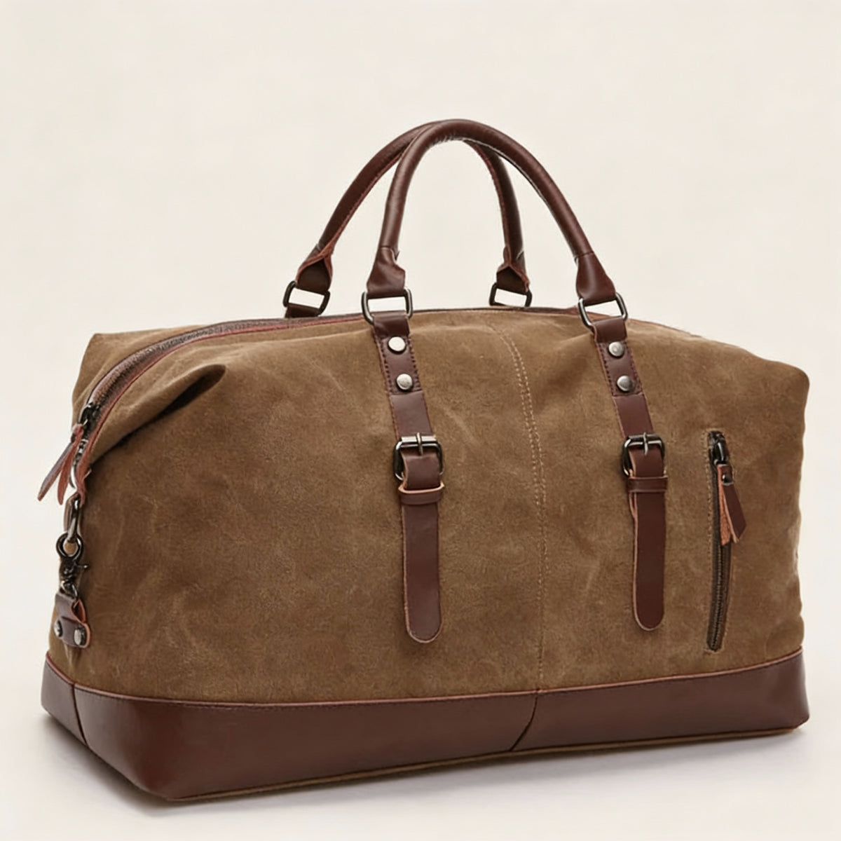 Sac de voyage vintage en toile marron clair avec anses en cuir marron foncé