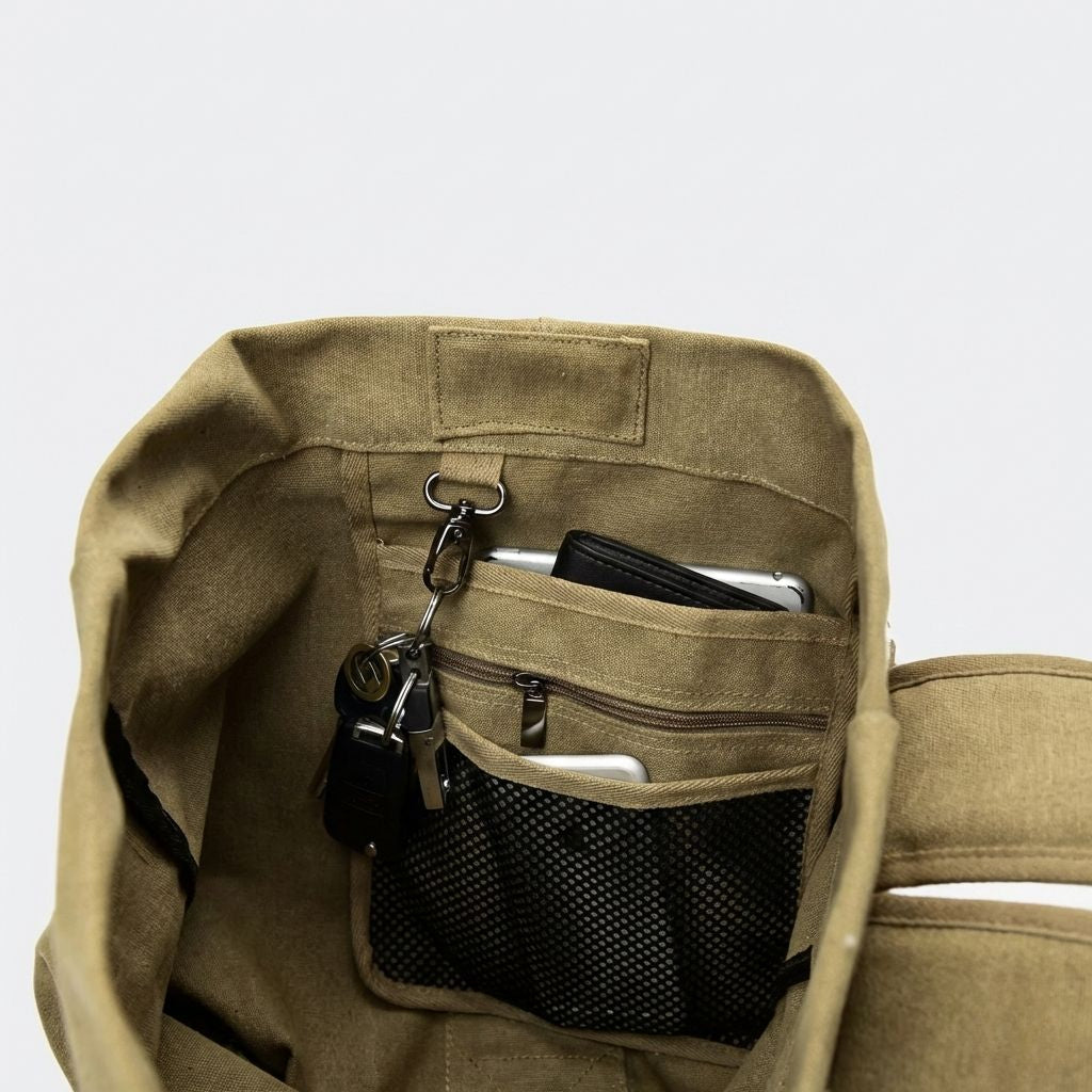 Intérieur du sac de voyage en toile canvas kaki avec poches organisatrices mesh, clés et accessoires Image