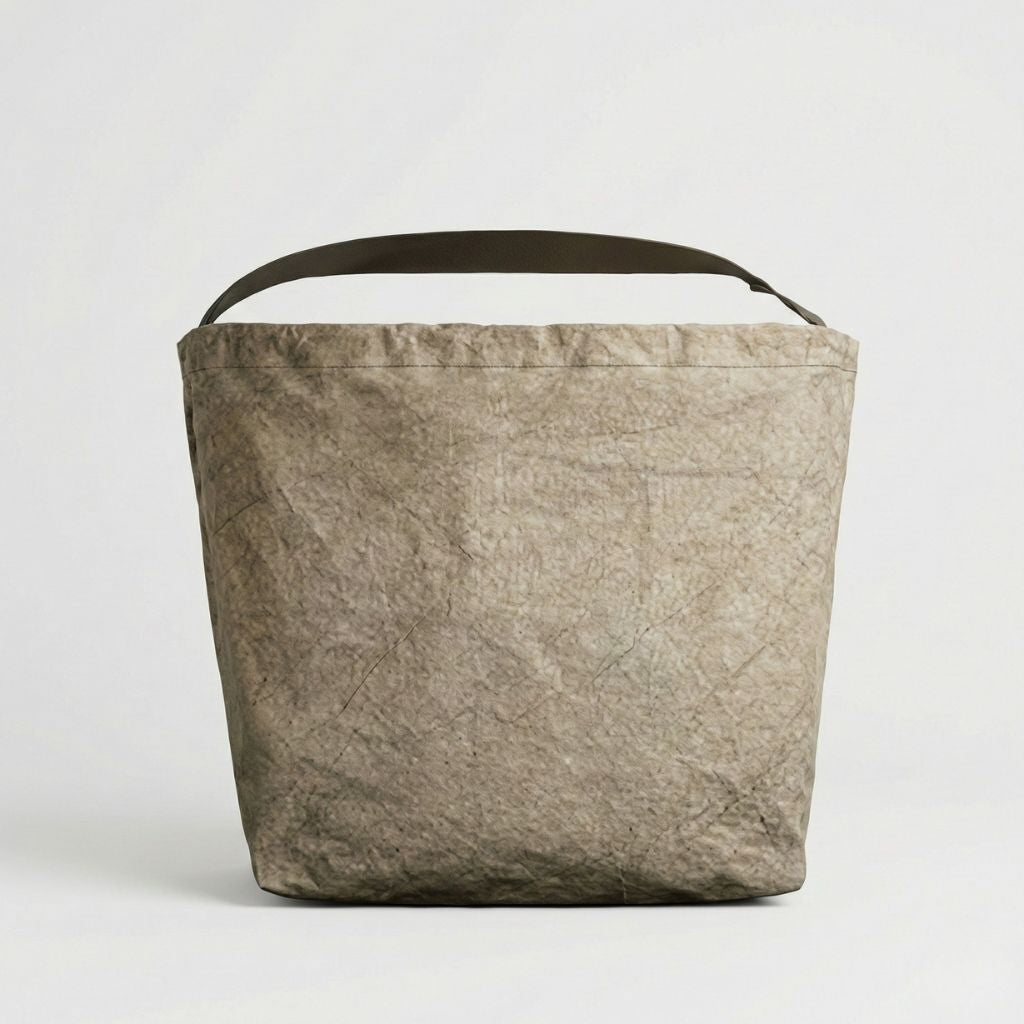 Sac de voyage en toile militaire kaki délavé vu de dos, forme rectangulaire, bandoulière noire et look minimaliste