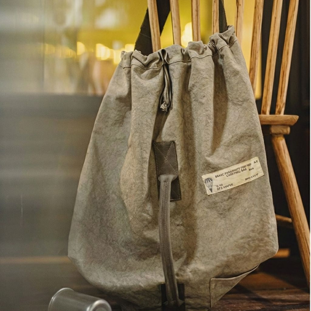 Sac de voyage en toile militaire kaki posé sur une chaise en bois, aspect patiné vintage et étiquette visible