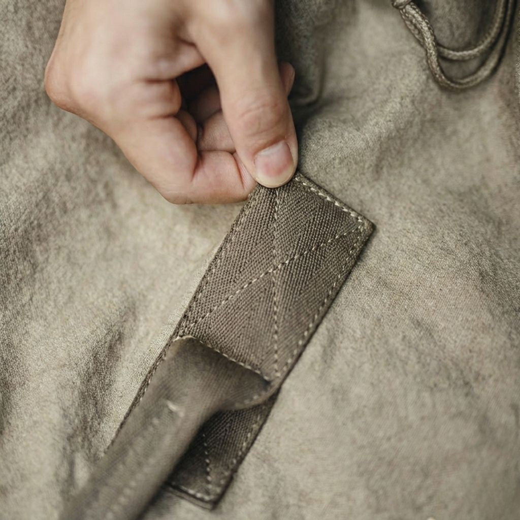 Main agrippant la poignée en toile renforcée d'un sac de voyage vintage en canvas gris kaki délavé Image