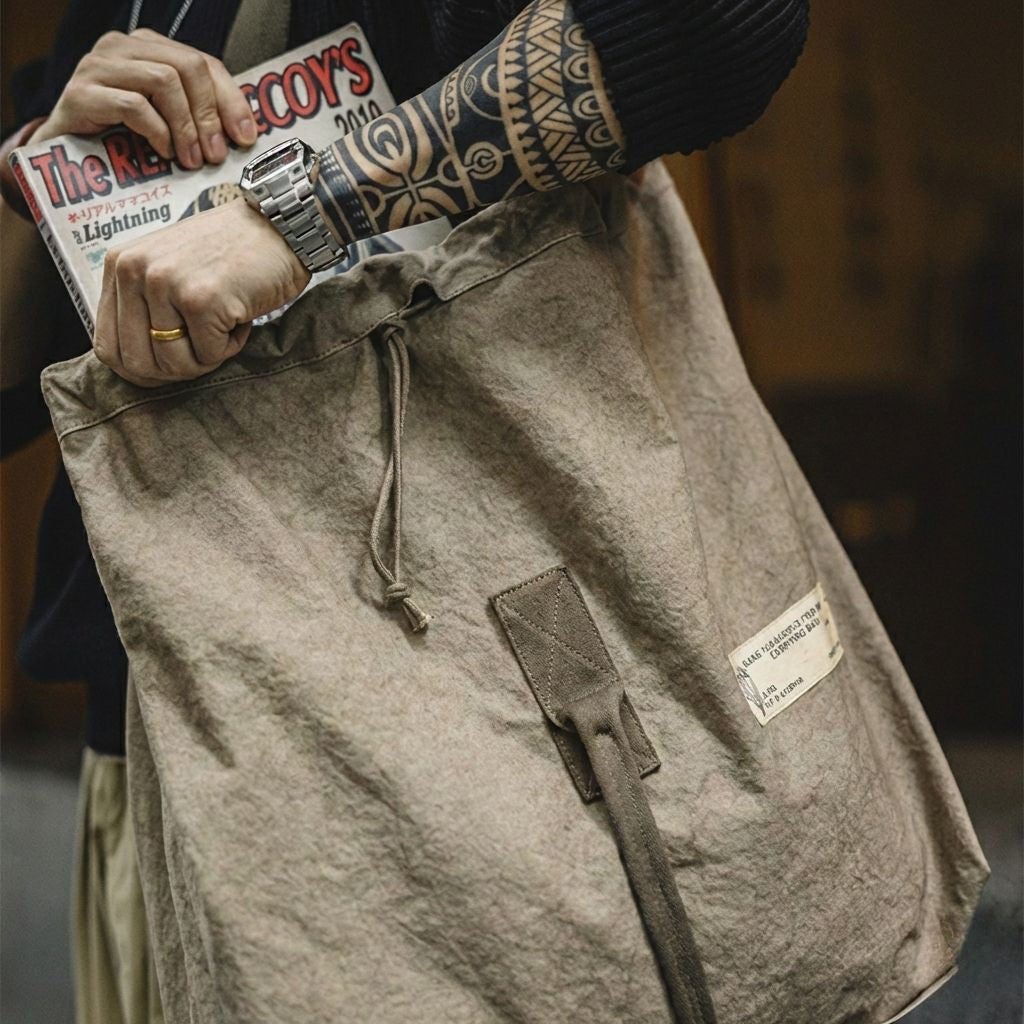 Homme tatoué glissant une revue dans un grand sac de voyage en toile canvas kaki délavé style vintage Image