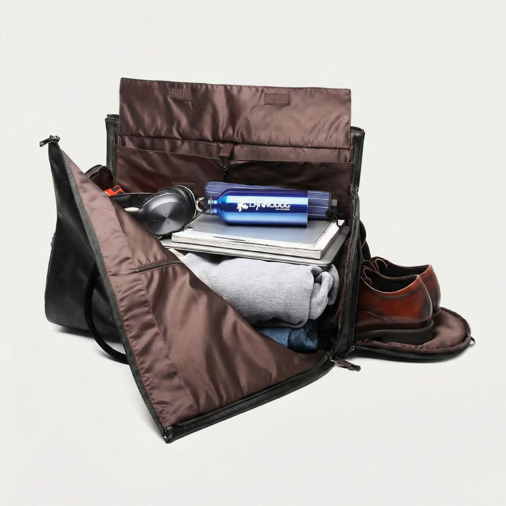 Sac de voyage en cuir noir porte-costume ouvert, compartiment avec vêtements, chaussures et casque audio Image