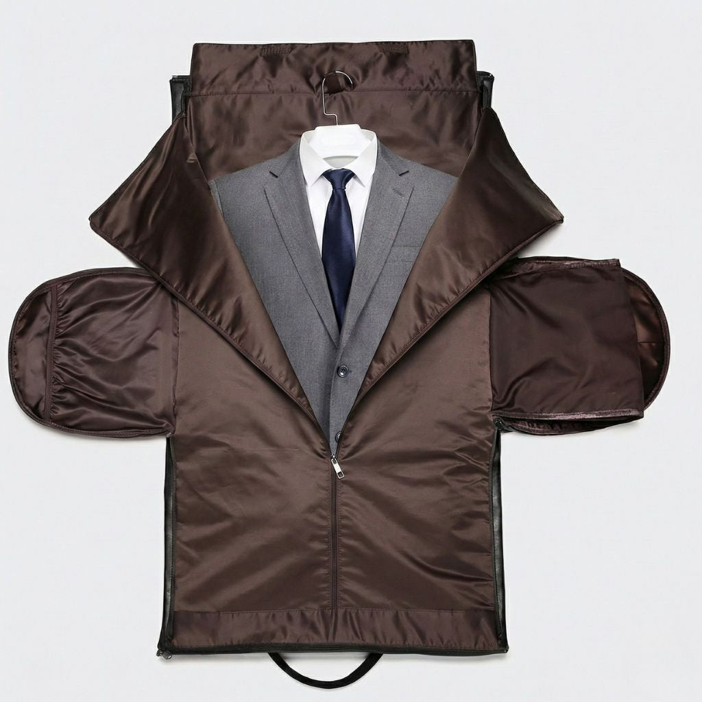 Housse à costume marron ouverte avec costume gris et cravate bleue, suspendu sur cintre intégré du sac de voyage Image