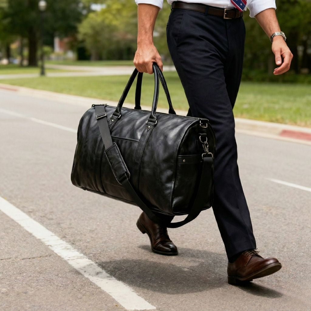 Homme en costume foncé marchant dans la rue, portant un sac de voyage en cuir noir à la main, contexte urbain Image