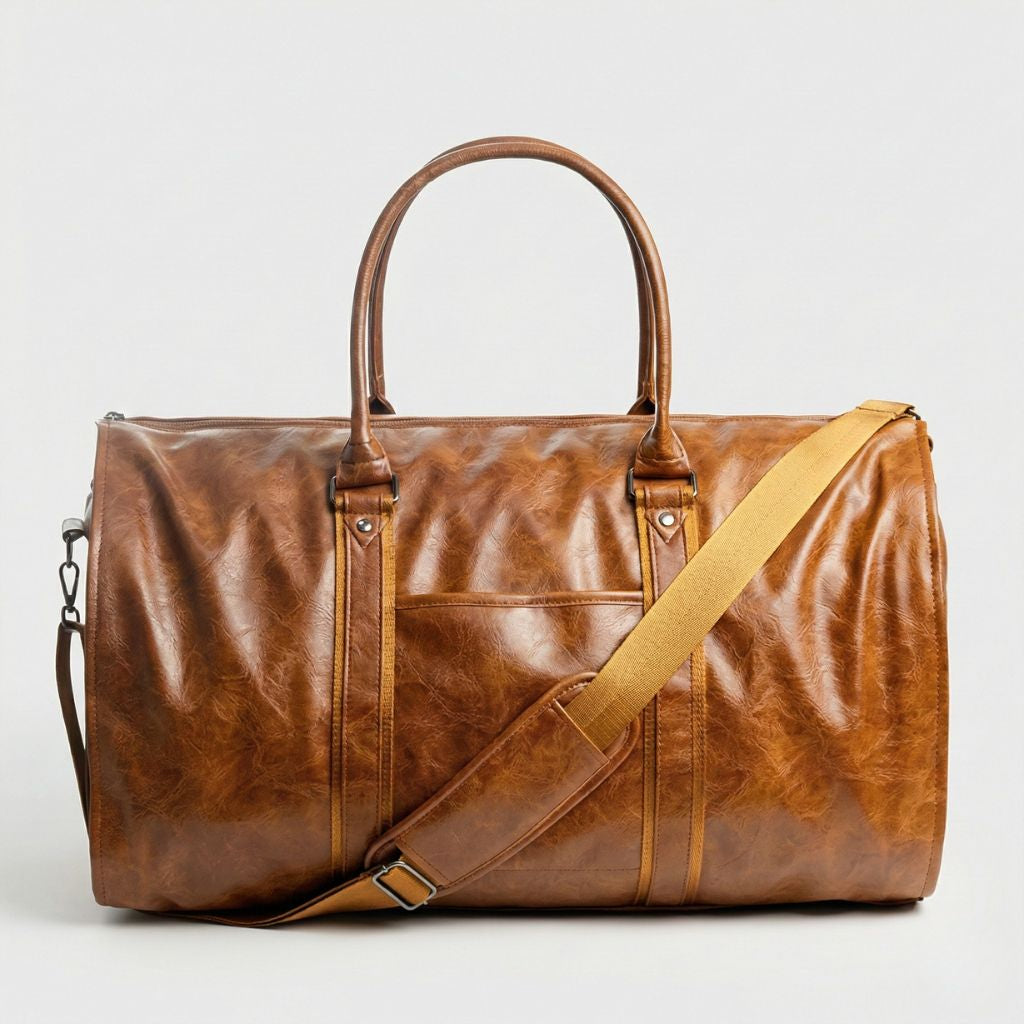 Sac de voyage homme en simili cuir marron caramel, vue de face avec bandoulière moutarde réglable et double poignée