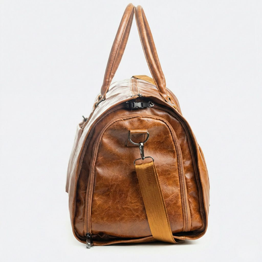 Profil latéral du sac de voyage homme marron caramel avec poche chaussures et bandoulière moutarde