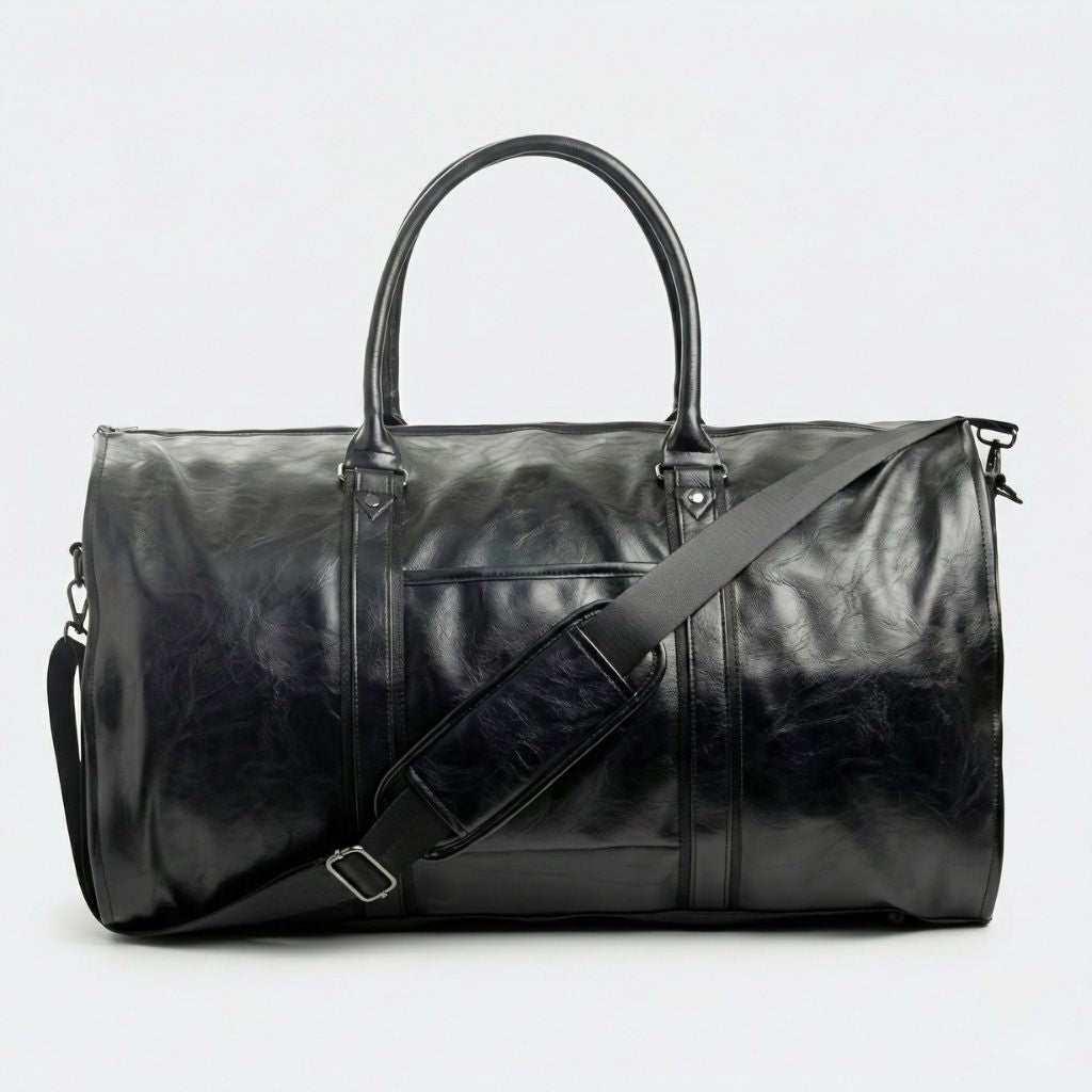 Sac de voyage homme en simili cuir noir, grand format avec double poignée arrondie, poche frontale et bandoulière