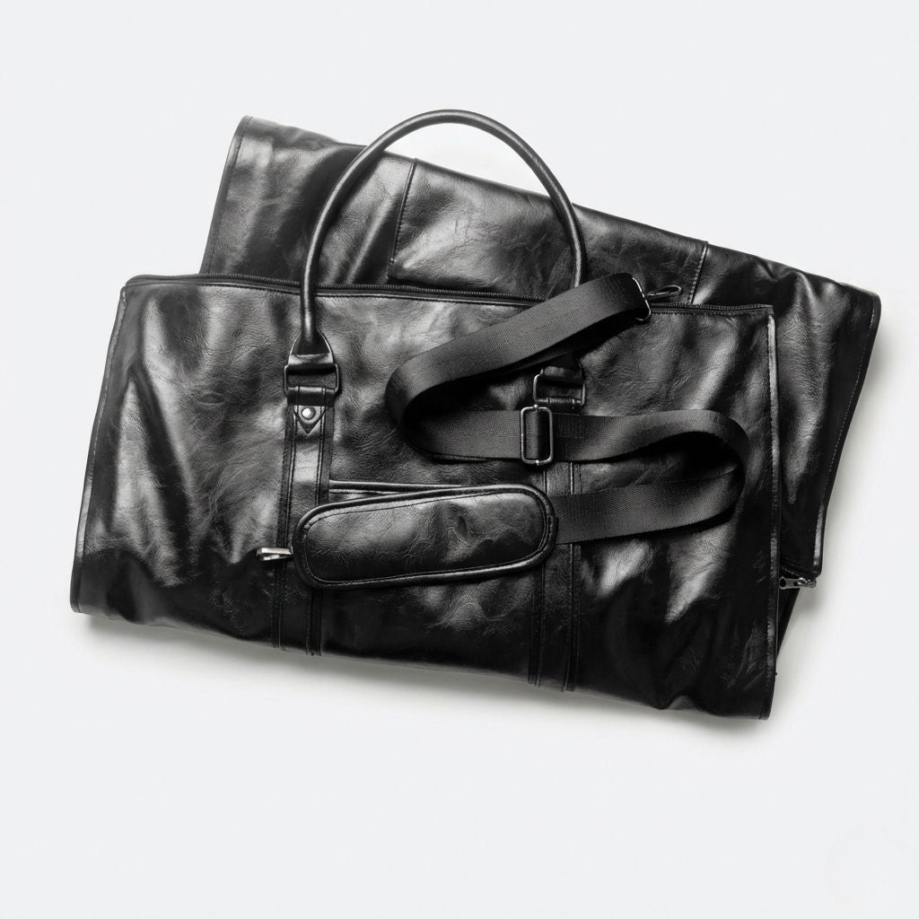 Vue latérale du sac de voyage en simili cuir marron caramel, compartiment chaussures zippé et bandoulière moutarde