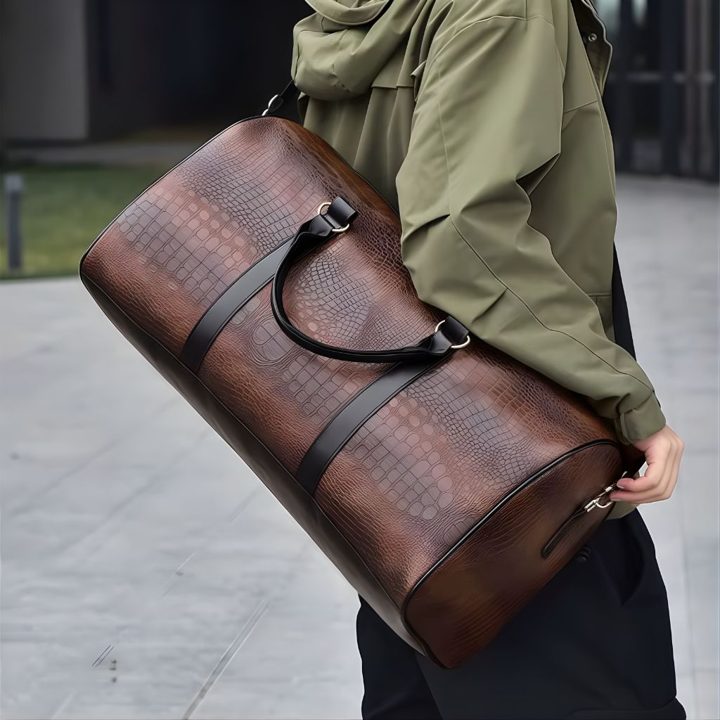 Homme tenant à la main un grand sac de voyage en simili cuir brun à motif crocodile, poignées et bandes noires Image