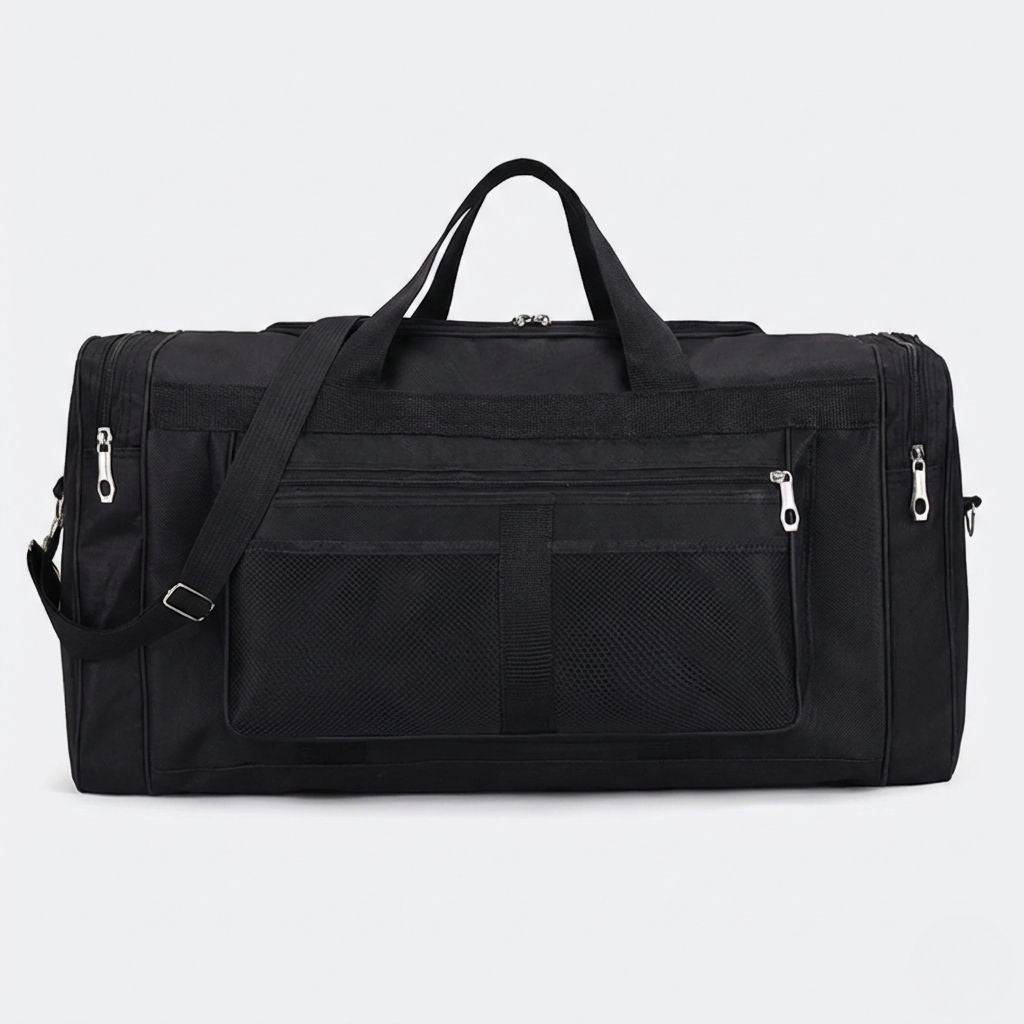 Sac de voyage sport homme noir, vue de face, poche filet et fermetures éclairs, format polochon