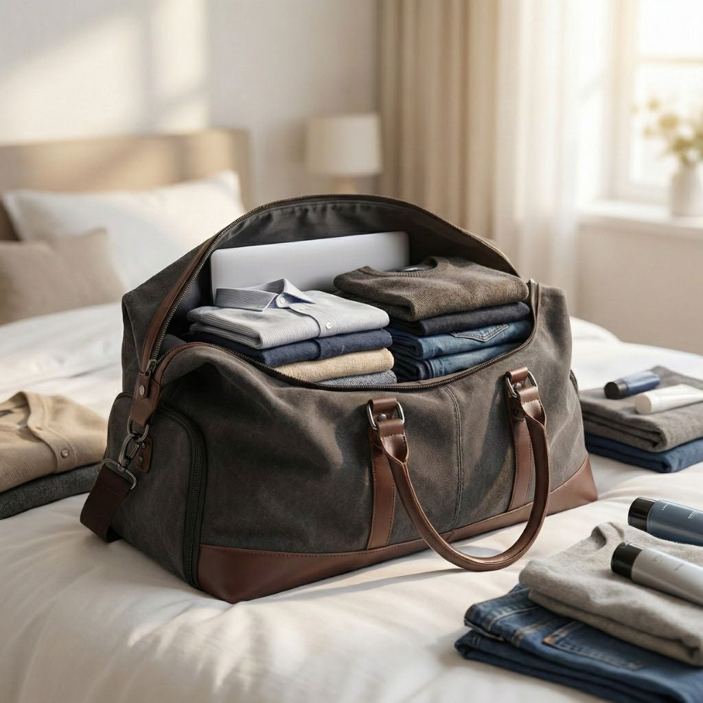 Sac de voyage en canvas gris et cuir marron ouvert sur un lit, rempli de vêtements pliés et d'un laptop Image
