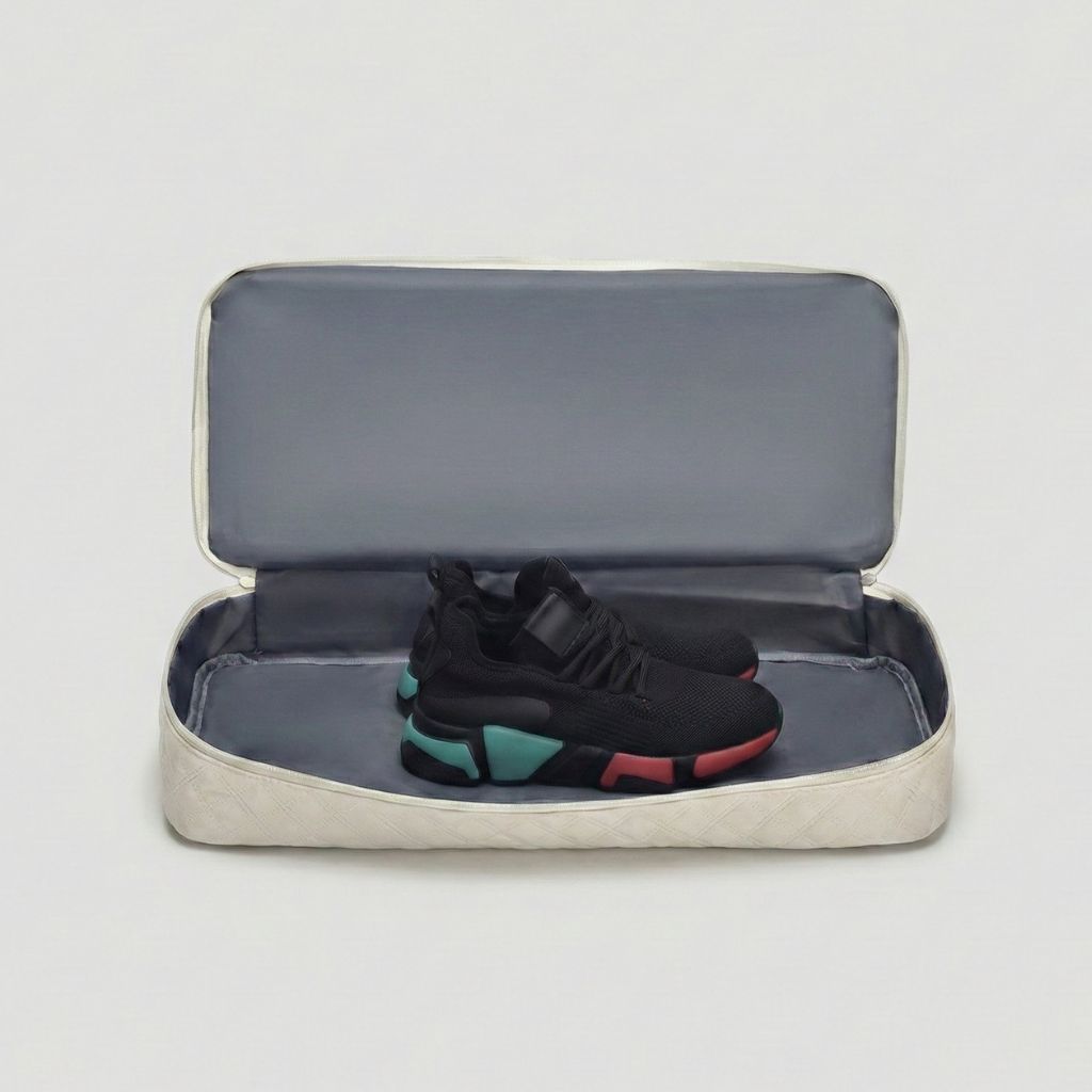 Housse de rangement chaussures blanche matelassée ouverte avec sneakers noires à semelles turquoise et rouge Image