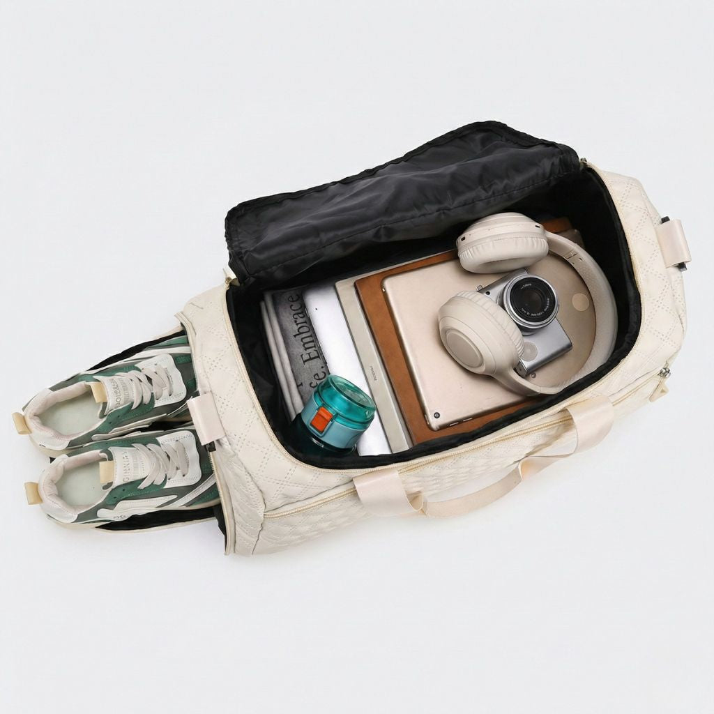 Sac de voyage beige ouvert vu de dessus, avec sneakers vertes dans le compartiment chaussures et affaires de voyage Image