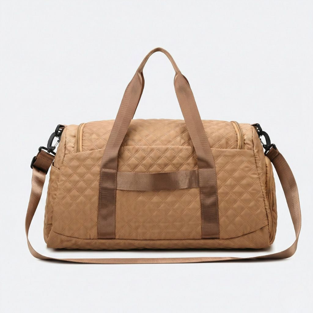 Sac weekend beige caramel face avant avec poignées de portage, bandoulière amovible et fermetures zippées