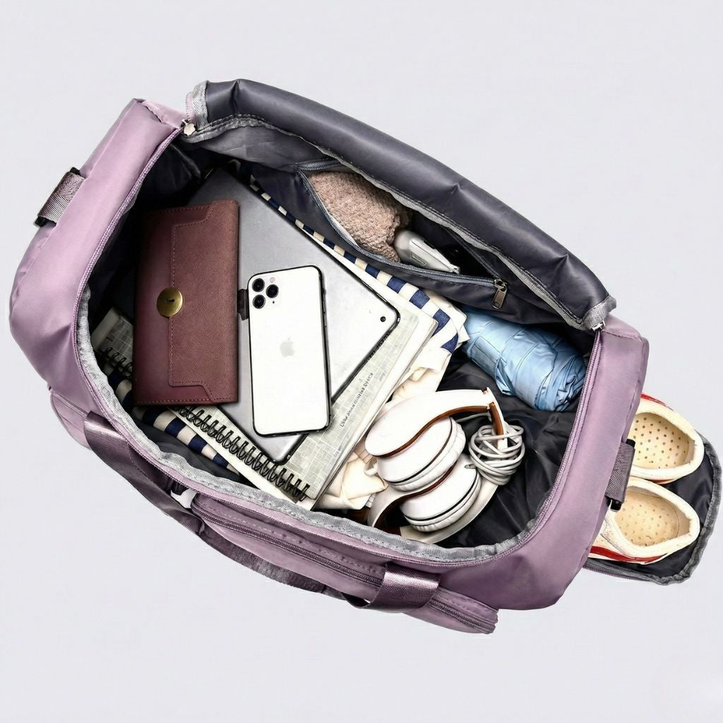 Vue plongeante du sac de voyage femme violet lilas rempli, casque blanc, téléphone, carnet, chaussures dans poche