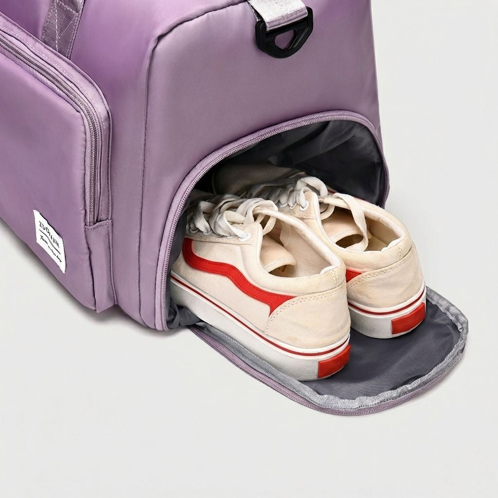Compartiment chaussures d'un sac de voyage femme en nylon violet pastel ouvert, avec des baskets blanches Image