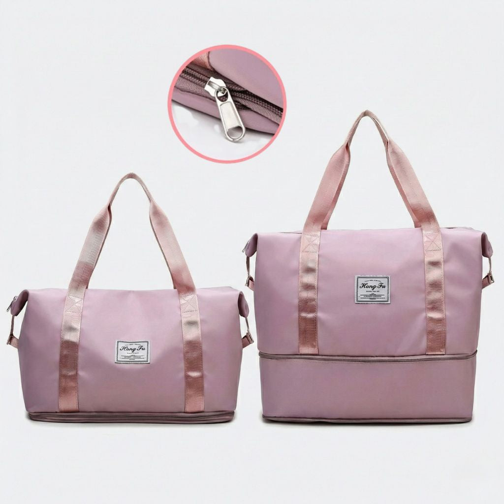 Comparatif d'un sac week-end femme rose poudré avant et après extension, avec zoom sur la fermeture éclair zippée. Image