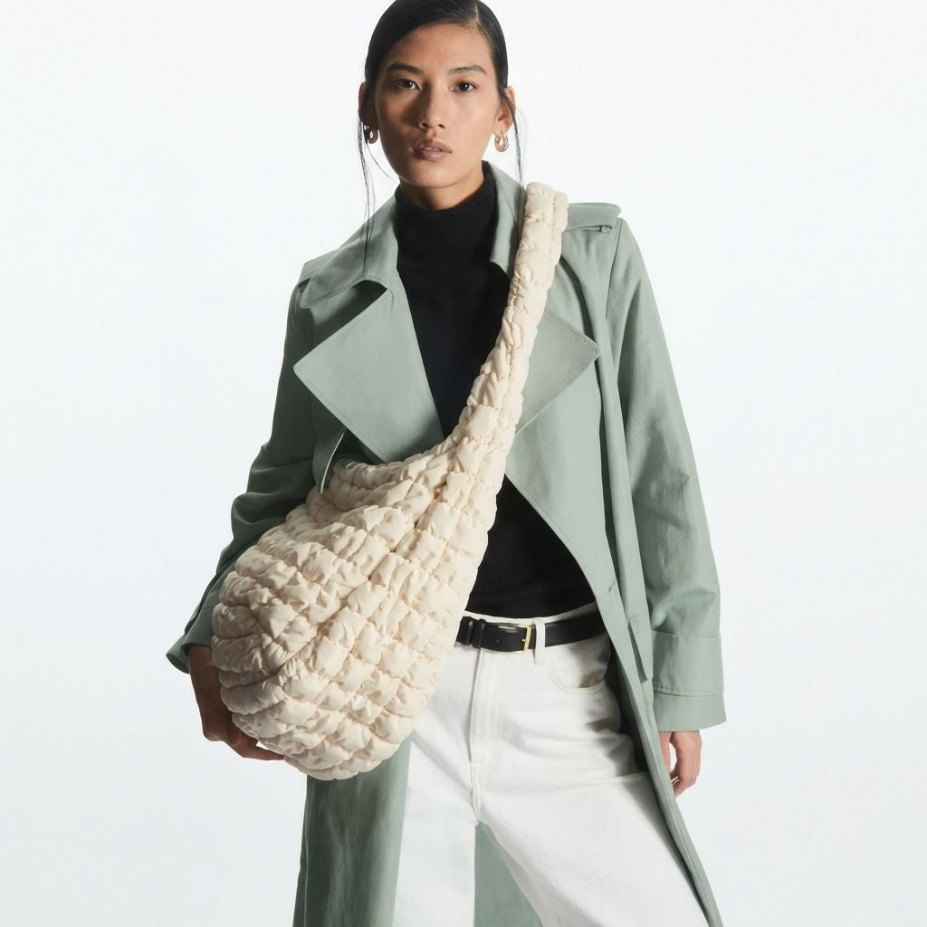 Femme portant un grand sac de voyage matelassé écru à texture crochetée en bandoulière sur une veste vert sauge Image