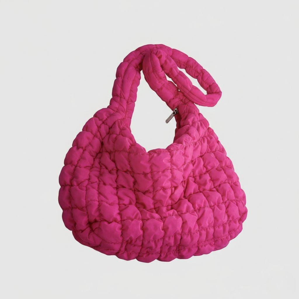 Sac week-end femme matelassé bulle rose fuchsia vif avec anse tressée bouffante, coupe hobo, vue de face