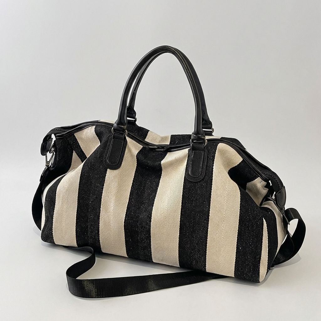 Sac cabine femme en toile rayée noir et beige posé au sol, vue de face, poignées et bandoulière noire