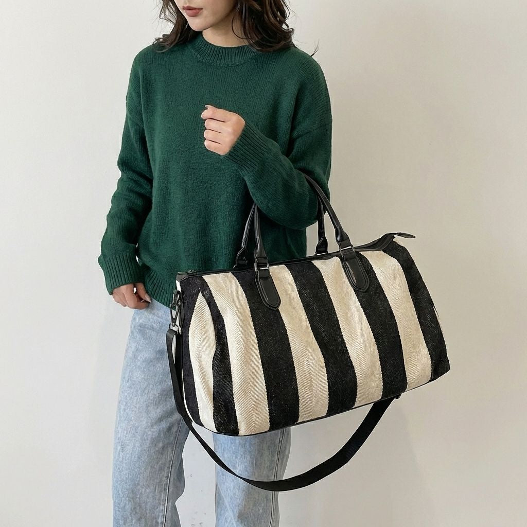 Femme en pull vert tenant un sac de voyage en toile rayée noir et blanc à l'épaule, bandoulière réglable Image
