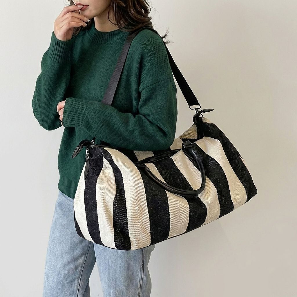 Femme en pull vert portant sous le bras un sac de voyage cylindrique en toile rayée noir et blanc Image