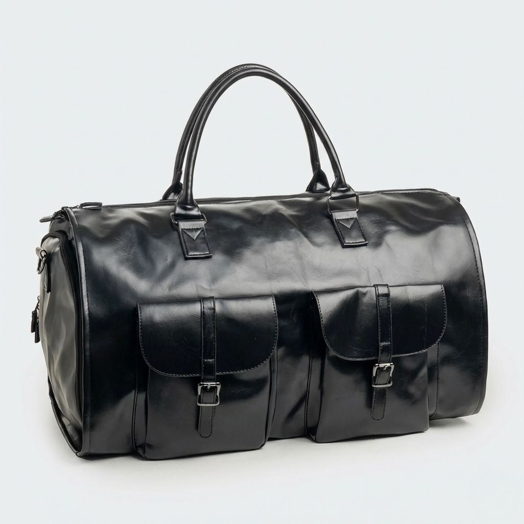 Sac de voyage cabine simili-cuir noir, deux poches à rabat et boucle, poignées rondes, vue trois quarts