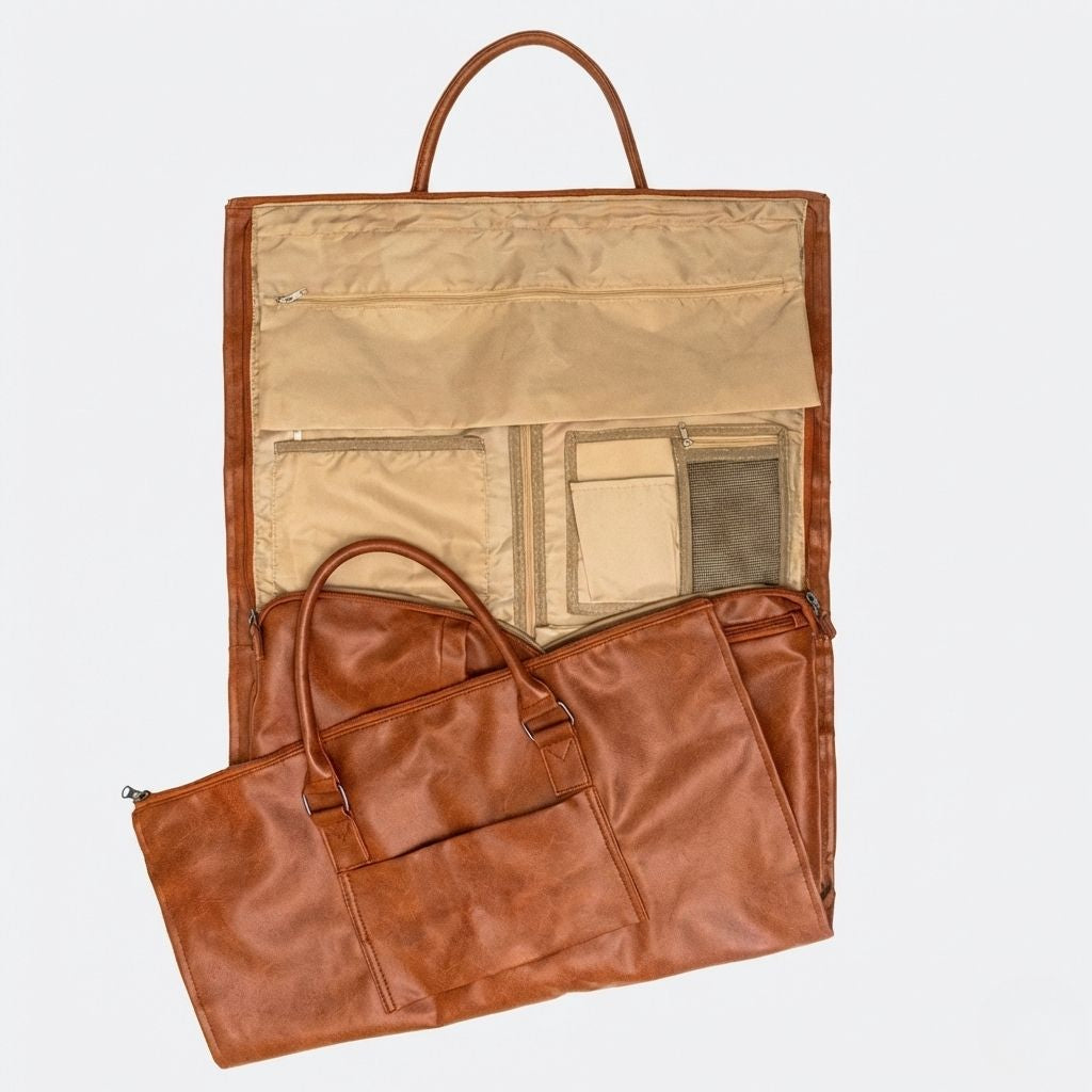 Intérieur du sac cabine cognac ouvert, doublure beige avec poches organisatrices et compartiment