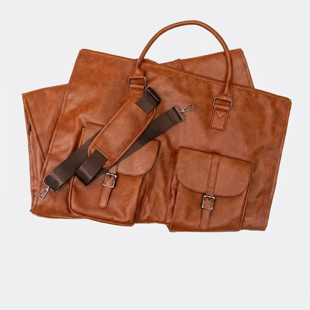 Sac cabine cognac déplié à plat avec bandoulière réglable et double poche à rabat à boucle cuir