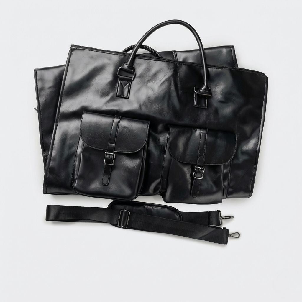 Sac cabine simili-cuir noir déplié à plat avec bandoulière détachée et deux poches à rabat