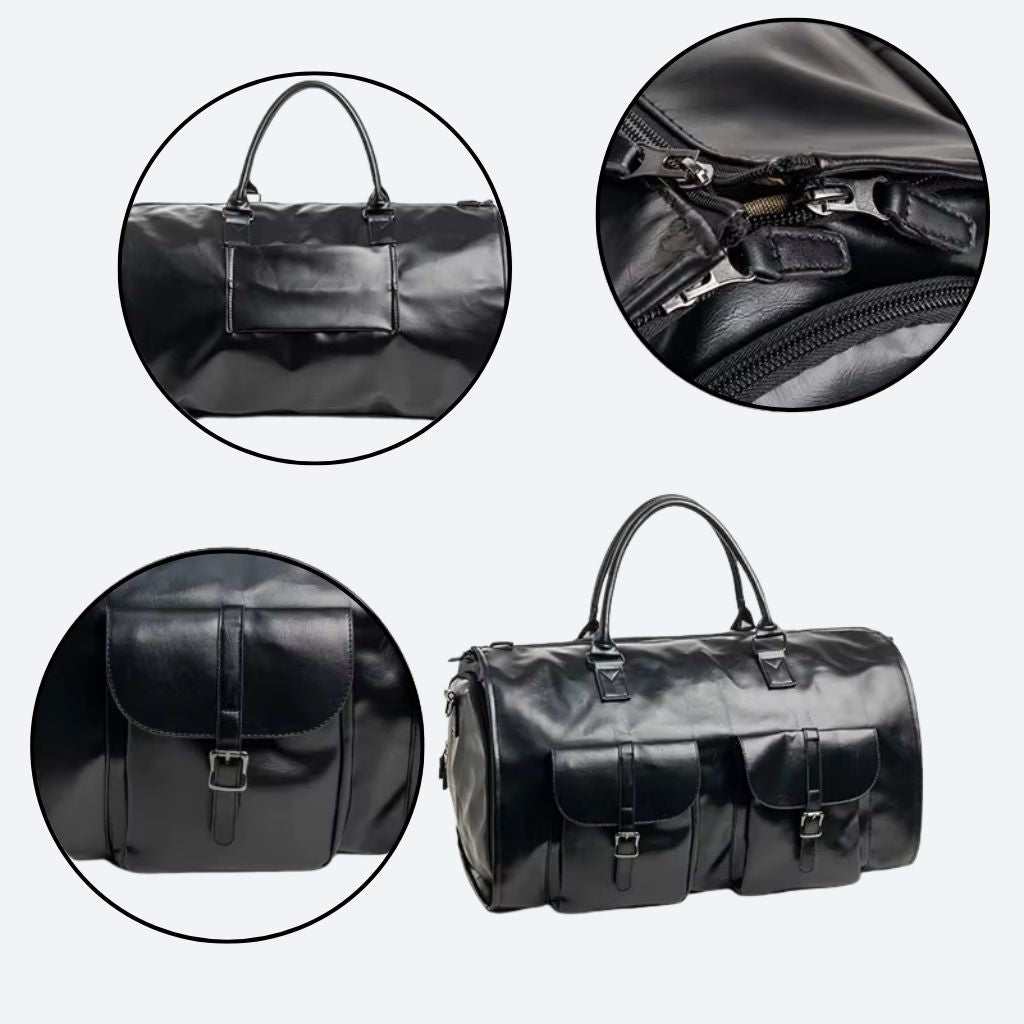Montage 4 vues d'un sac de voyage semaine en cuir noir montrant face avant, dos, intérieur et fermetures Image