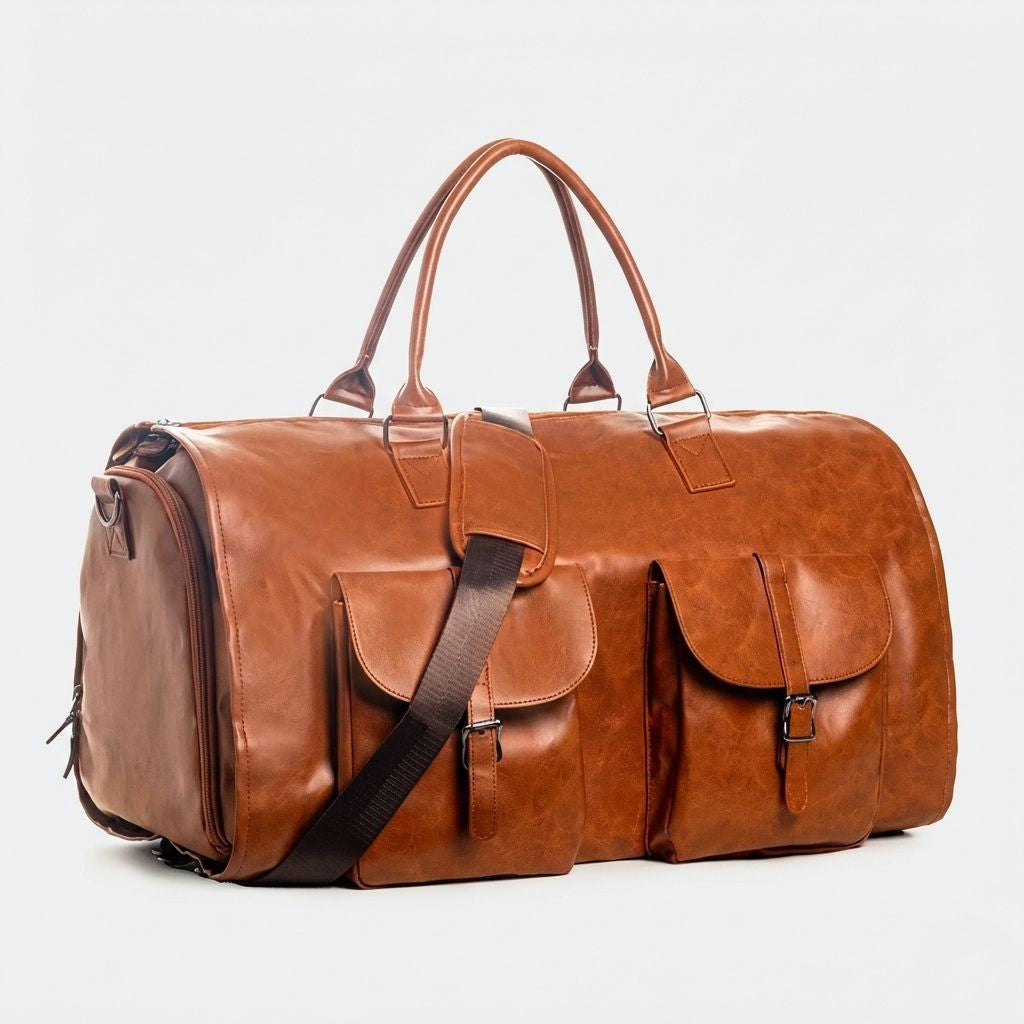 Sac de voyage cabine simili-cuir cognac, double poche à rabat style rétro, vue trois quarts avant