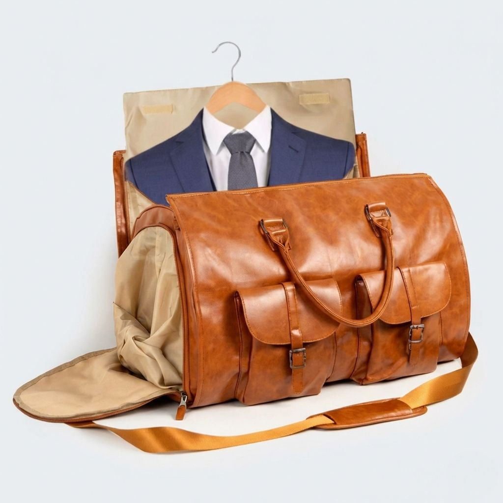 Sac de voyage en cuir cognac avec sa housse costume dépliée montrant un costume bleu suspendu sur cintre Image
