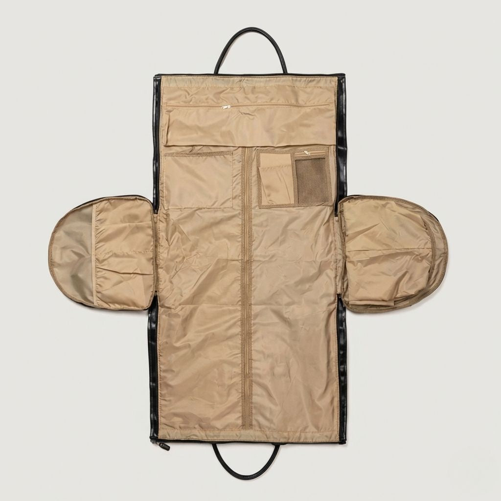 Housse à costume beige ouverte à plat, intérieur organisé avec poches latérales amovibles pour sac de voyage Image