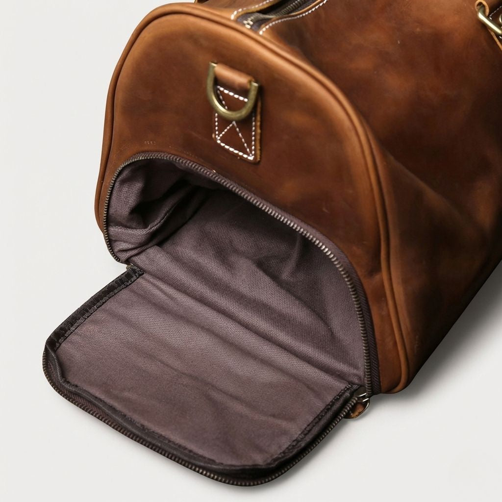 Compartiment chaussures du sac de voyage en cuir marron ouvert, révélant une doublure intérieure grise et tissée