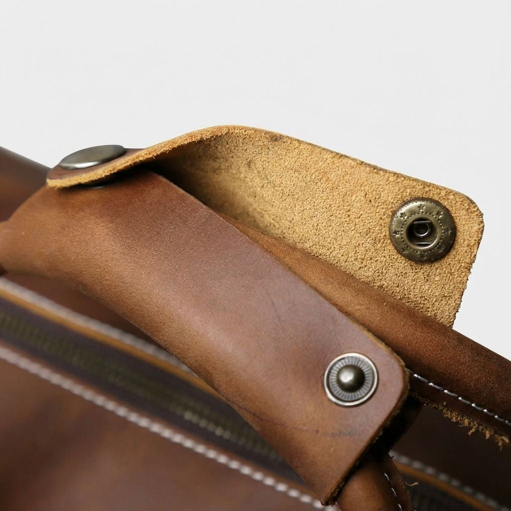 Gros plan sur la poignée en cuir vintage et les boutons-pression en métal bronze du sac de voyage pour homme