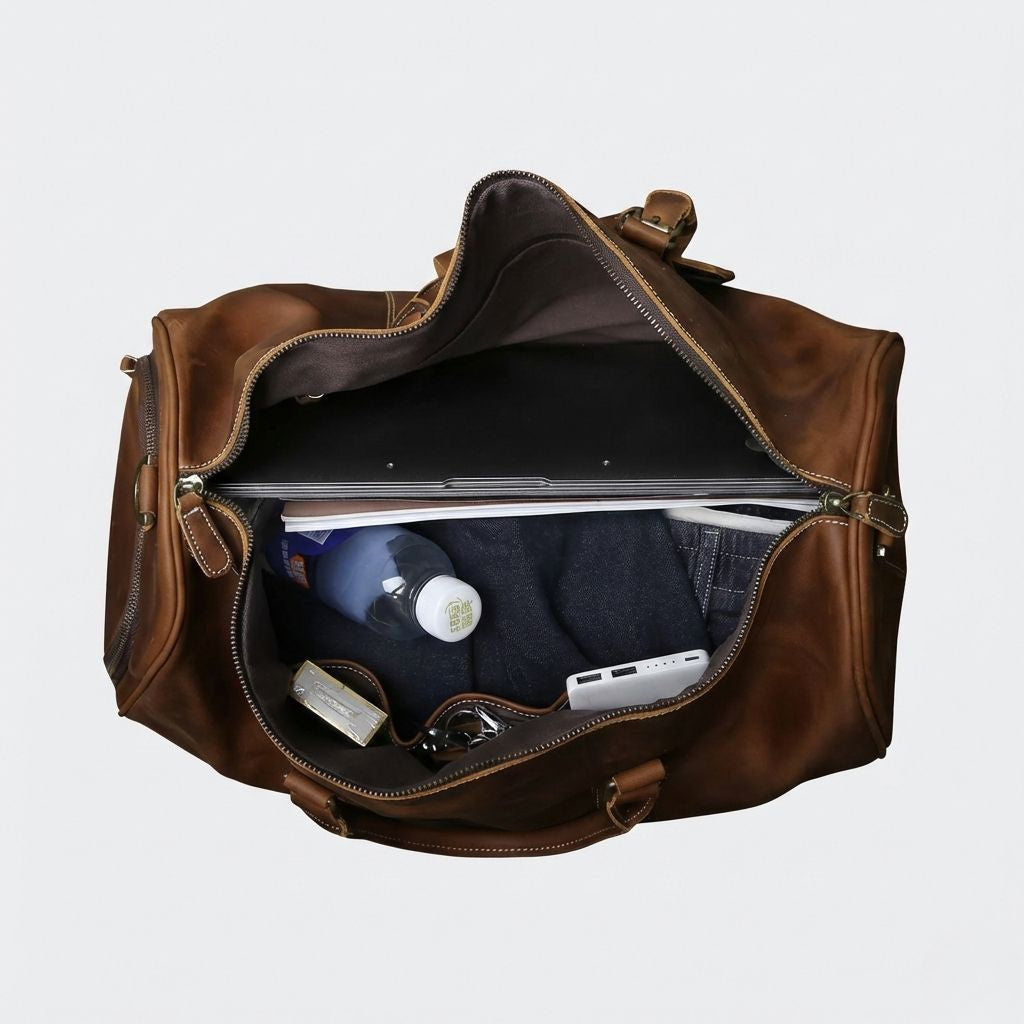 Vue de dessus du sac de voyage en cuir cognac vintage ouvert, contenant ordinateur, jean, gourde et chargeur Image