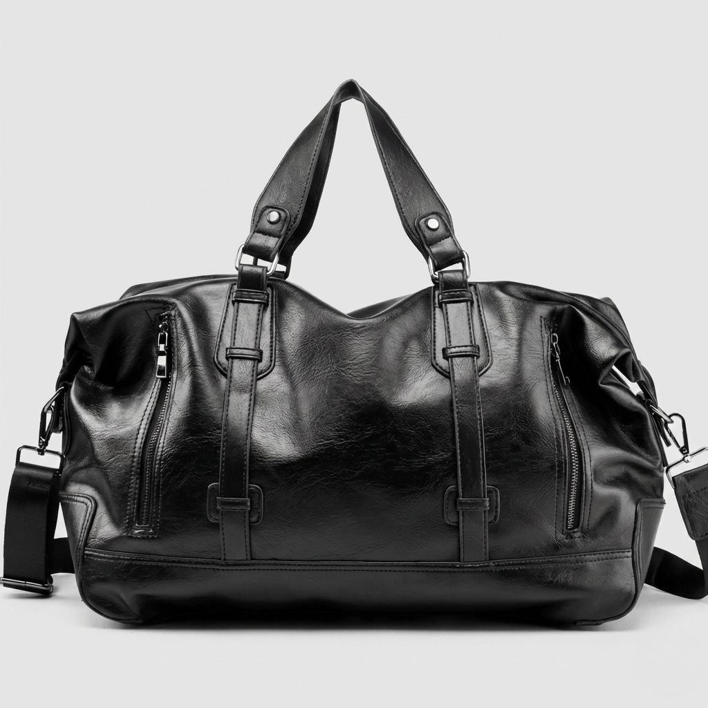 Sac de voyage cabine en simili-cuir noir brillant, style duffle avec double poignée et bandoulière