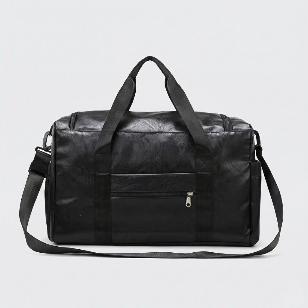 Dos du sac cabine noir en simili-cuir vieilli avec poche zippée et sangles textiles noires