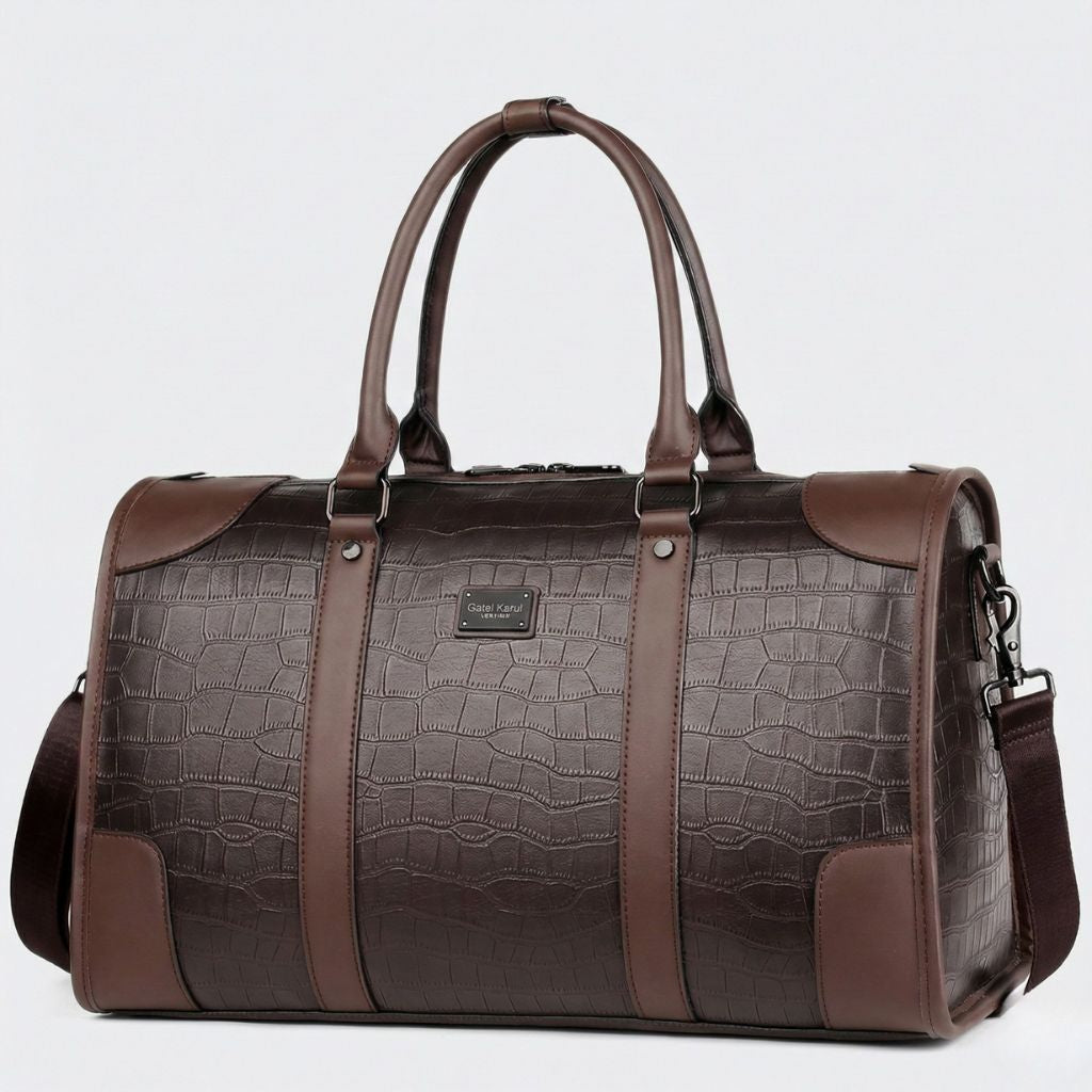Sac de voyage cabine en simili-cuir effet croco marron chocolat, style duffle avec bandoulière amovible